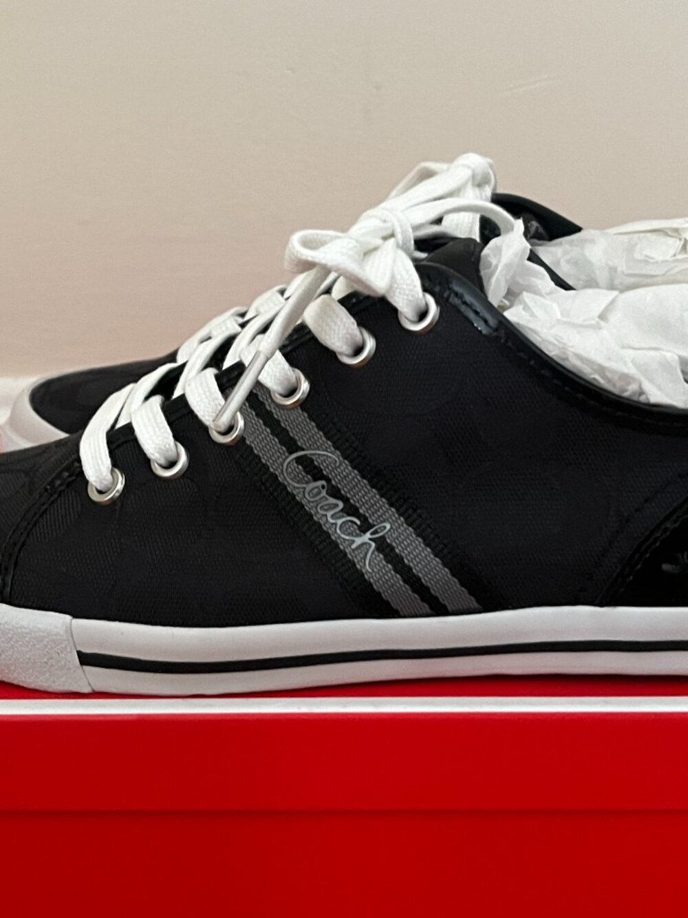 Coach Women's Folly Black Signature Logo Canvas Stripe Sneaker Size US 8